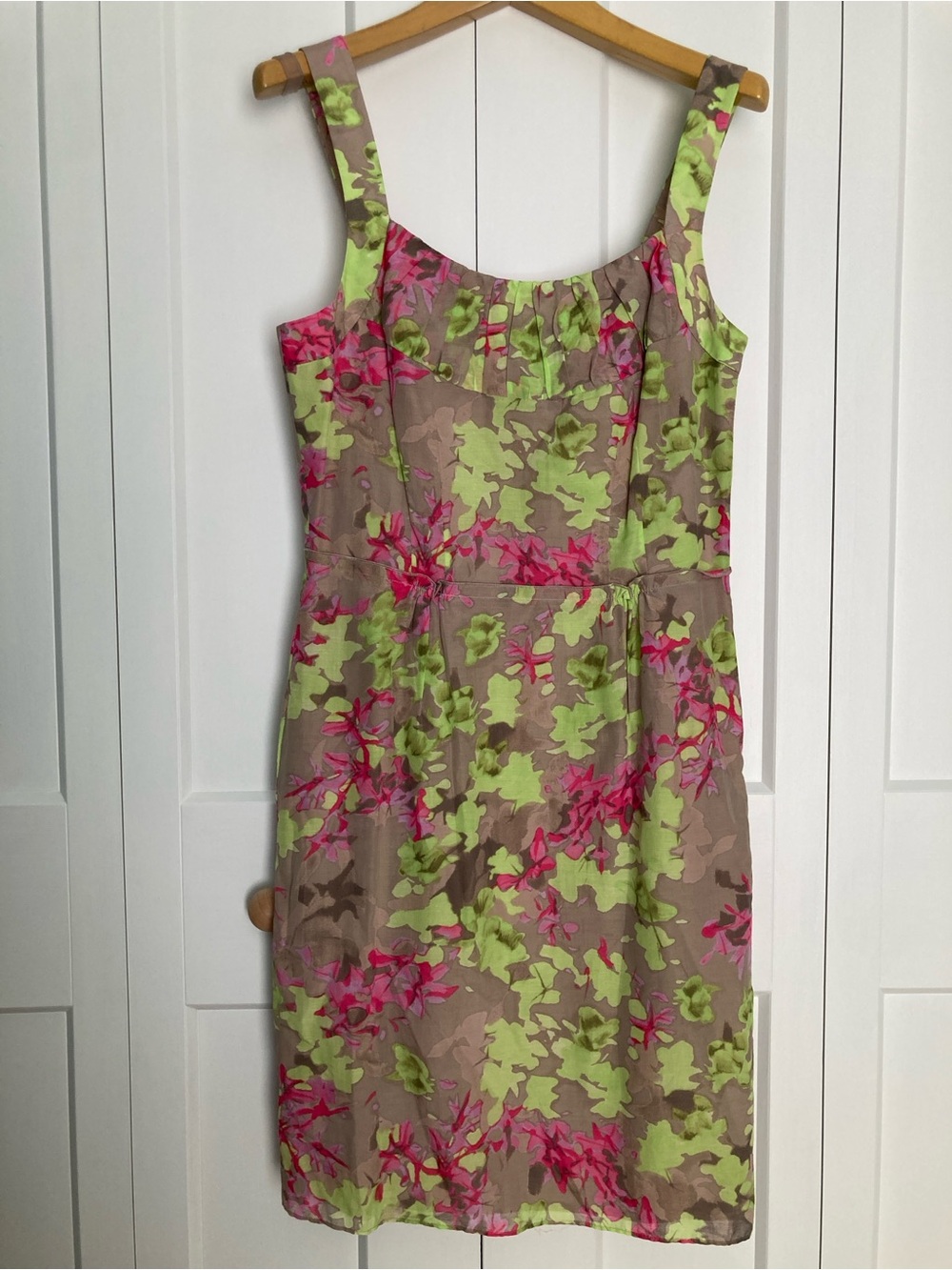 Banana Republic Floral Sheath Dress in Taupe with Pink and Lime Accents